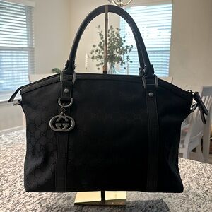 Gucci GG Monogram Sukey Black Leather Nylon Canvas Tote Hand Bag
